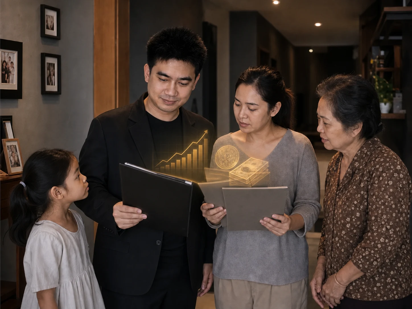 ภาพประกอบครอบครัวหลายวัยกำลังทบทวนเงินก้อนจากประกันโรคร้ายแรงและสินทรัพย์ที่พร้อมใช้